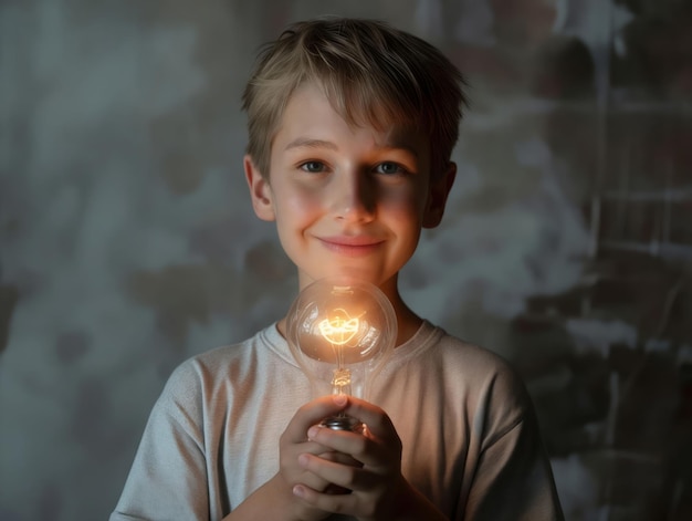 Un ragazzo con una lampadina in mano