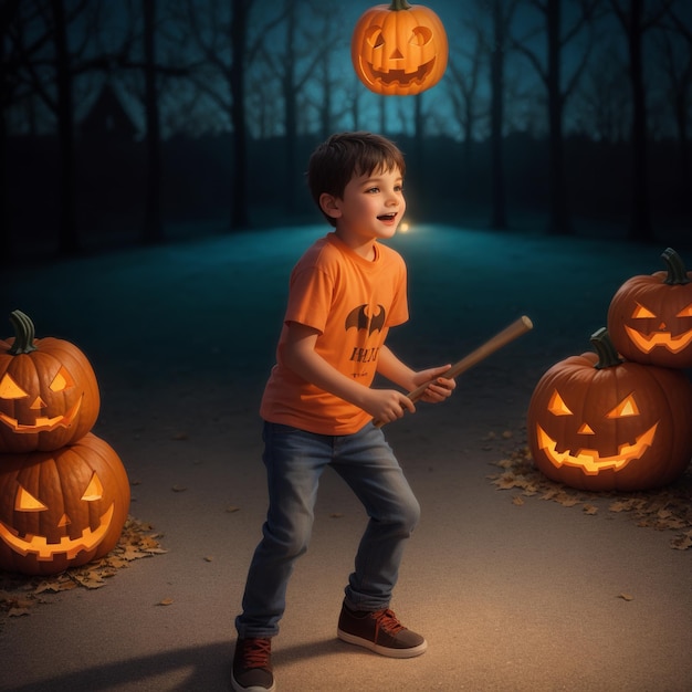 un ragazzo con una maglietta di Halloween tiene in mano un bastone con sopra una zucca.