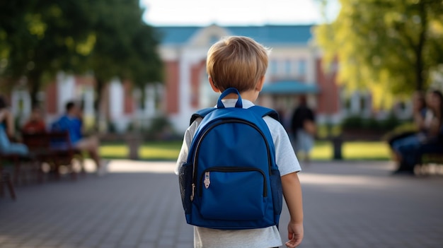 un ragazzo con uno zaino cammina in un parco.