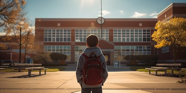 Un ragazzo con uno zaino si avvicina alla scuola visto da dietro Pronto per nuove conoscenze e avventure AI Generativo