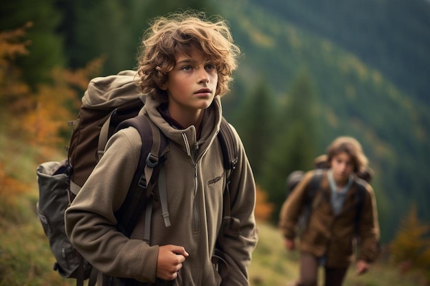 Un ragazzo con uno zaino si trova di fronte a una foresta con altri uomini sullo sfondo.