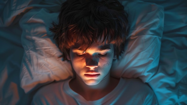 Un ragazzo consumato dalla dipendenza dal telefono sta sdraiato esausto a letto usando lo smartphone a tarda notte