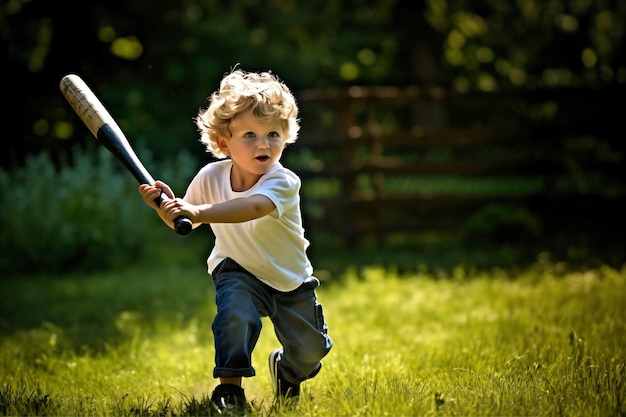 Un ragazzo corre lungo un prato verde con una mazza da baseball in mano Sport per bambini Giochi all'aperto