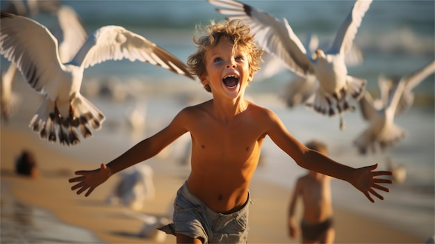 Un ragazzo corre sulla spiaggia e salta in aria con gli uccelli sullo sfondo.