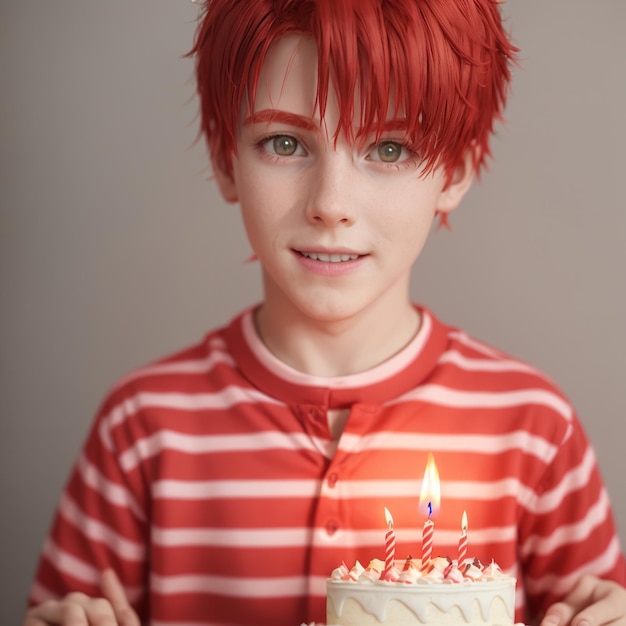 un ragazzo dai capelli rossi che indossa una camicia a righe con una candela di compleanno.