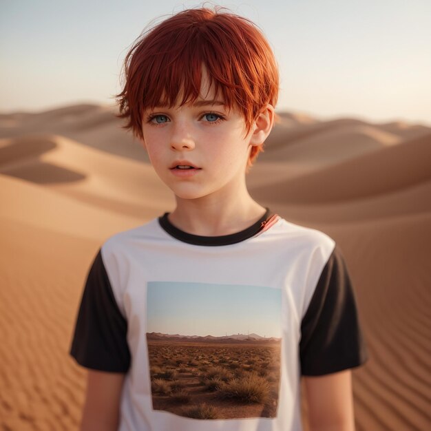 un ragazzo dai capelli rossi sta nel deserto.