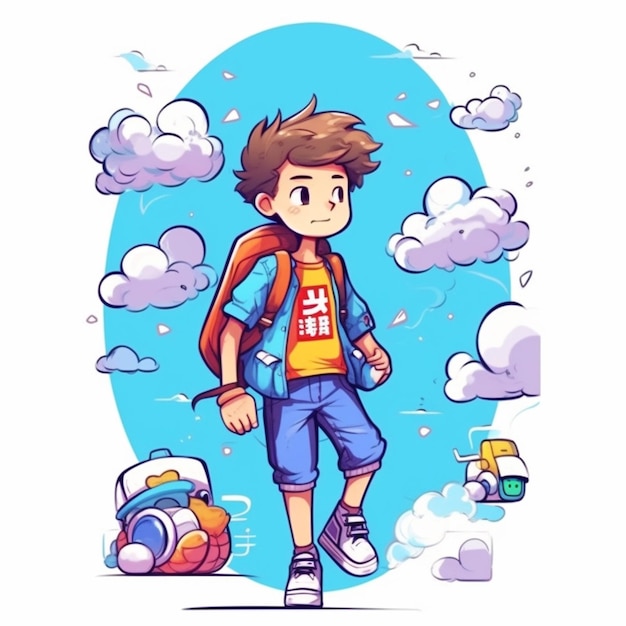Un ragazzo dei cartoni animati con uno zaino e uno zaino che cammina tra le nuvole