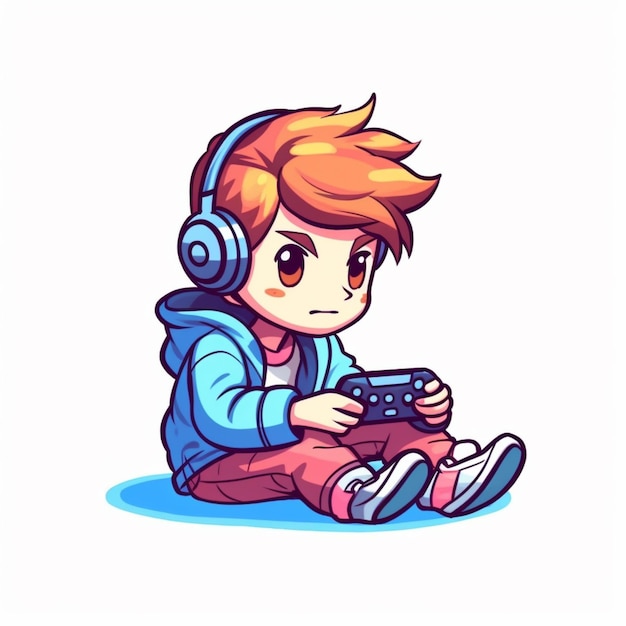 un ragazzo dei cartoni animati seduto a terra a giocare a un videogioco generativo ai