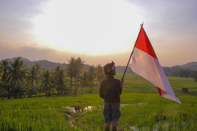 un ragazzo del villaggio sventola la bandiera indonesiana in mezzo a una verde campo di riso