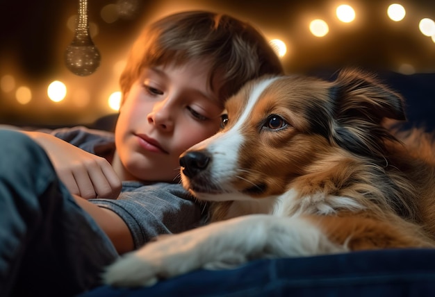 Un ragazzo e il suo cane sono seduti su un divano.