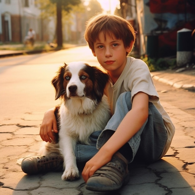 un ragazzo e il suo cane sono seduti sul marciapiede.