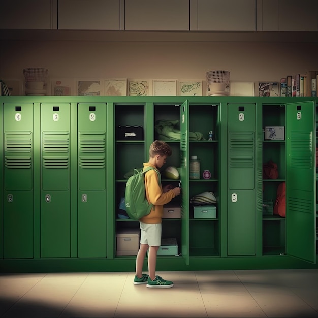 un ragazzo è in piedi davanti agli armadietti verdi con sopra il numero 1.
