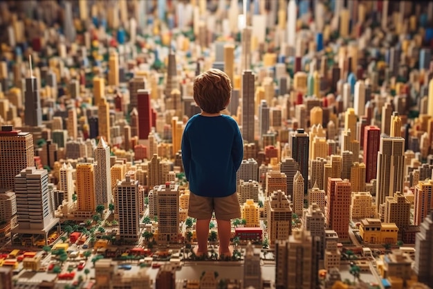 Un ragazzo è in soggezione davanti a un'enorme città fatta interamente di mattoncini Lego che torreggia sopra di lui Gli intricati dettagli degli edifici sono accattivanti e stimolano l'immaginazione del bambino IA generativa
