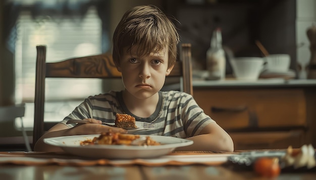 Un ragazzo è seduto a un tavolo con un piatto di cibo davanti a lui