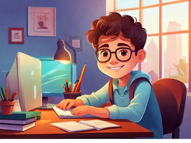 un ragazzo è seduto a una scrivania con un computer e una foto di un ragazzo sullo schermo