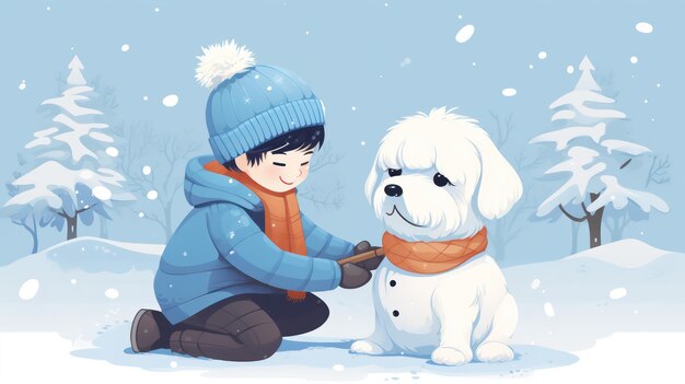 Un ragazzo e un cane nella neve