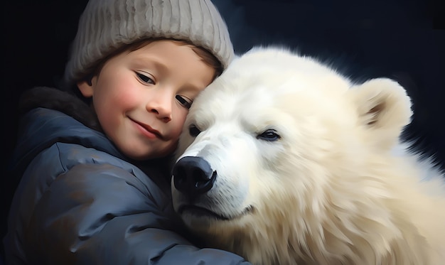 un ragazzo e un cane si stanno abbracciando e il ragazzo indossa un cappotto grigio