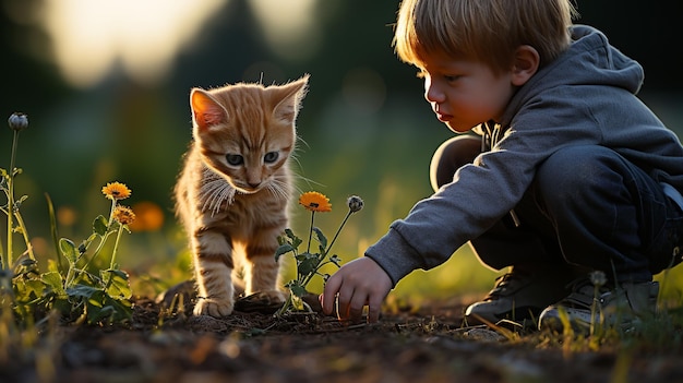 Un ragazzo e un gattino che guardano un fiore