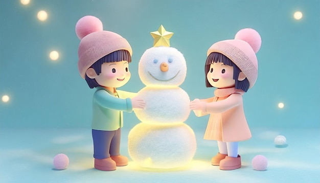 Un ragazzo e una ragazza asiatici costruiscono un pupazzo di neve.