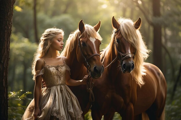 Un ragazzo e una ragazza biondi vestiti con abiti fluenti si siedono su un allevamento di cavalli nella foresta autunnale di cavalli