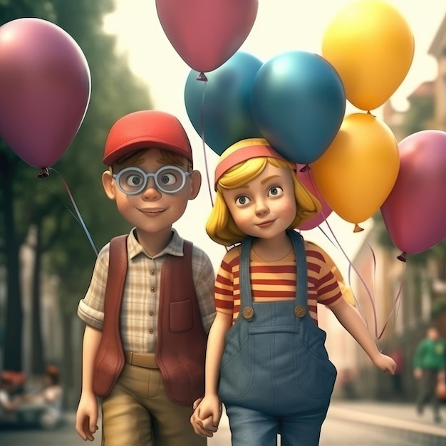Un ragazzo e una ragazza che camminano per strada con dei palloncini in mano e un buon giorno del lavoro