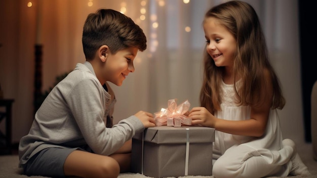 Un ragazzo e una ragazza che giocano con una scatola di regali con un regalo di Natale.