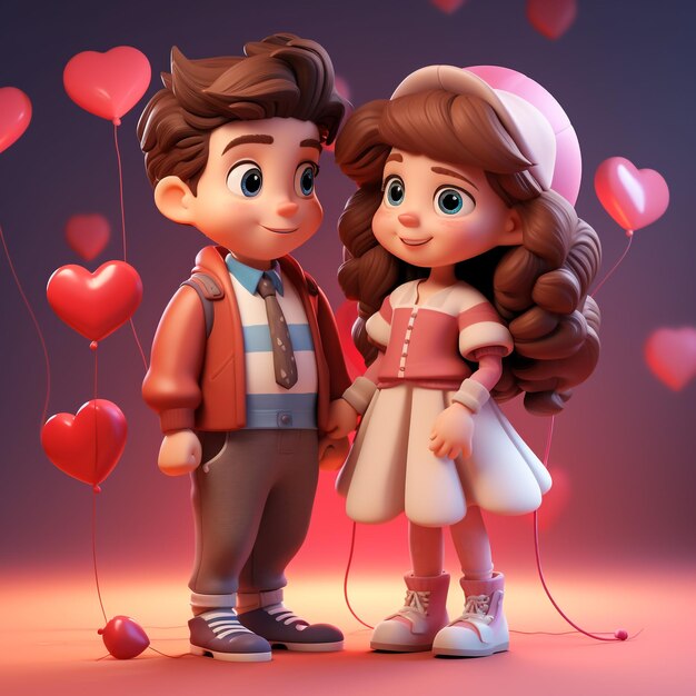 Un ragazzo e una ragazza innamorati nel romantico giorno di San Valentino disegnati a mano in stile cartone animato illustrazione 3D