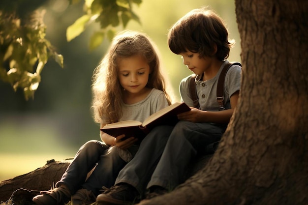 Un ragazzo e una ragazza leggono un libro su un albero