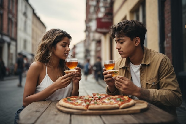 Un ragazzo e una ragazza mangiano una deliziosa pizza con formaggio bianco accompagnata da un bicchiere di whisky