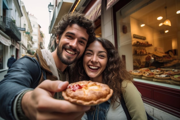 Un ragazzo e una ragazza ridono e mostrano cibo di strada foto di alta qualità