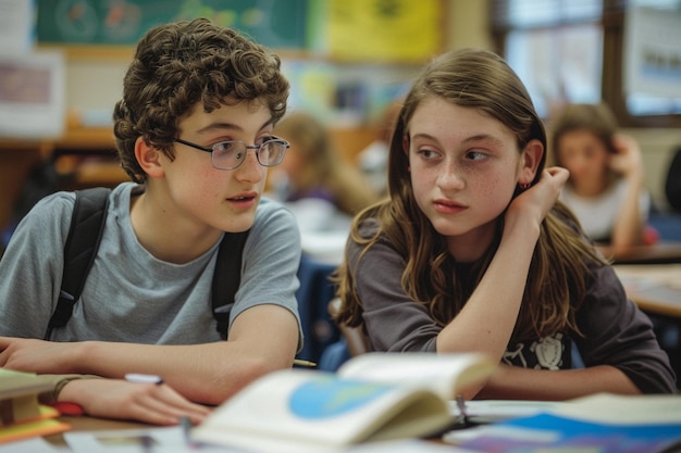 un ragazzo e una ragazza seduti davanti a un libro con la parola su di esso