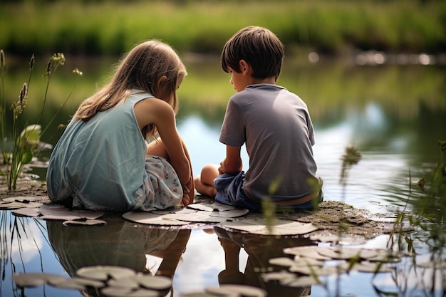 Un ragazzo e una ragazza seduti sulla riva di un fiume con la parola "on it".