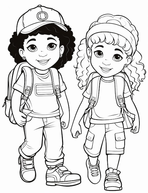 Un ragazzo e una ragazza sono in piedi uno accanto all'altro in una pagina da colorare generativa ai