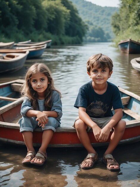 Un ragazzo e una ragazza sono seduti tra le barche nel fiume
