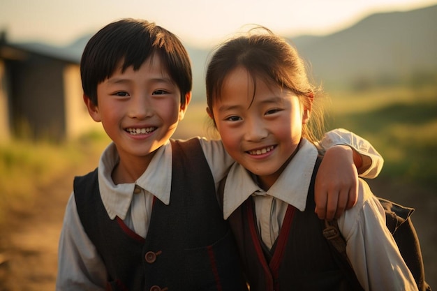 un ragazzo e una ragazza sorridono e si abbracciano davanti a una montagna.