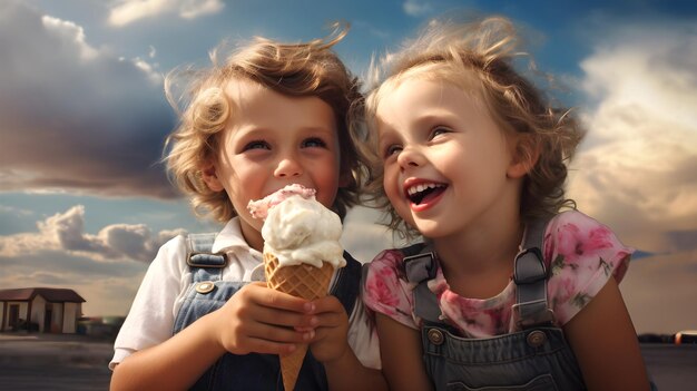 Un ragazzo e una ragazza spensierati che si godono il gelato in una giornata d'estate