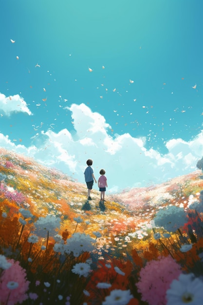 Un ragazzo e una ragazza stanno su una collina in un campo di fiori.