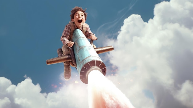 Un ragazzo entusiasta di far volare il razzo sopra le nuvole nel cielo Generative AI image weber