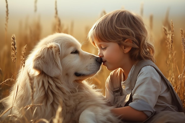 Un ragazzo felice dà un dolce bacio a un cane in un grande campo erboso Generativo Ai