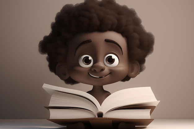 Un ragazzo felice personaggio dei cartoni animati con un libro