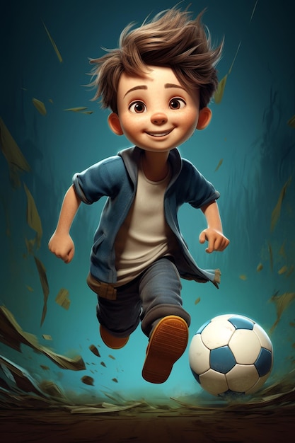 Un ragazzo giocatore di calcio con una palla da calcio su uno sfondo blu 3D illustrazione