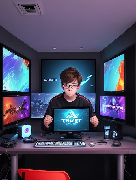 Un ragazzo giocatore di videogiochi che gioca a competizioni online alla stazione computer godendo di sport dal vivo