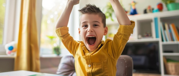 Un ragazzo gioioso celebra con le mani alzate in una vivace sala giochi