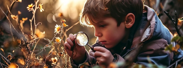 un ragazzo guarda attraverso una lente di ingrandimento sullo sfondo della natura