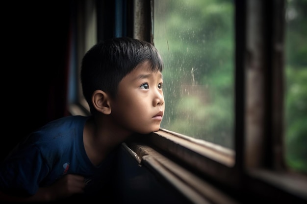 Un ragazzo guarda fuori da una finestra al momento della giornata.
