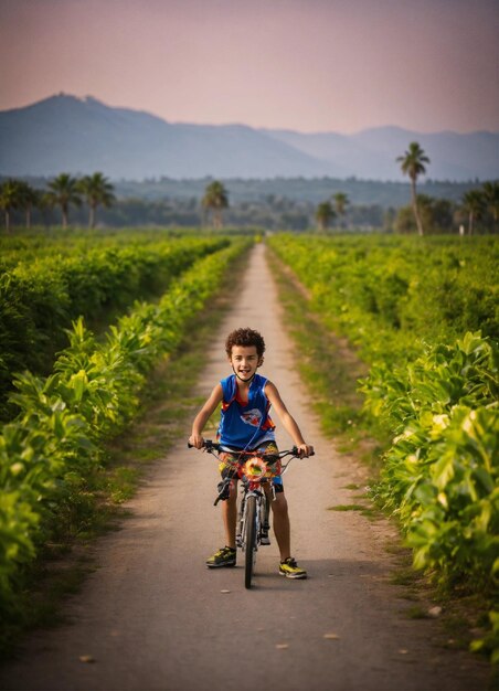 un ragazzo guida una bicicletta lungo una strada di terra con palme sullo sfondo