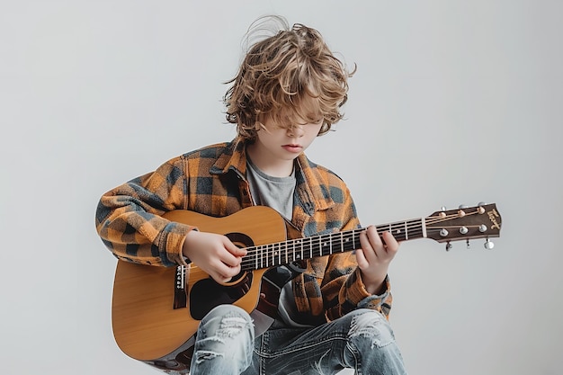 Un ragazzo in abiti casuali è emerso suonando la chitarra su un ambiente bianco.