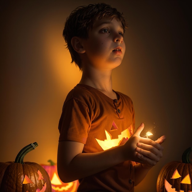 un ragazzo in costume di Halloween tiene una candela davanti alle zucche.