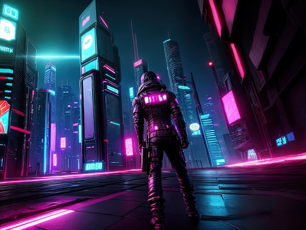 Un ragazzo in piedi in stile cyberpunk città futuristica