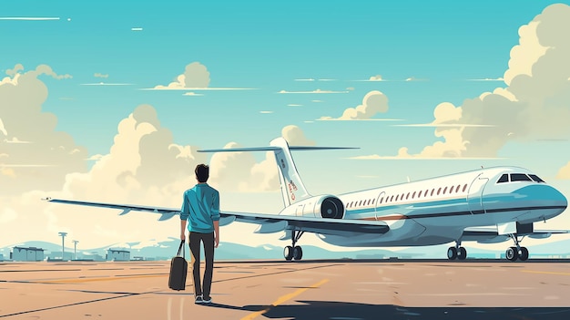 un ragazzo in piedi vicino a un aereo nel cielo Design piatto illustrazione viaggio di pensionamento